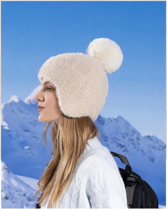 LeafIn Knit Hat with Boa Fleece and and Keeps Your Ears Warm and Warm for Size One Hat Women's Earmuffs, Lining, Pompom, Windproof, Warm, Slimming,