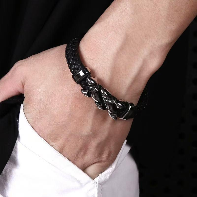 European/American Hip-Hop Punk Leather Woven Bracelet with Stainless Steel Flame Design