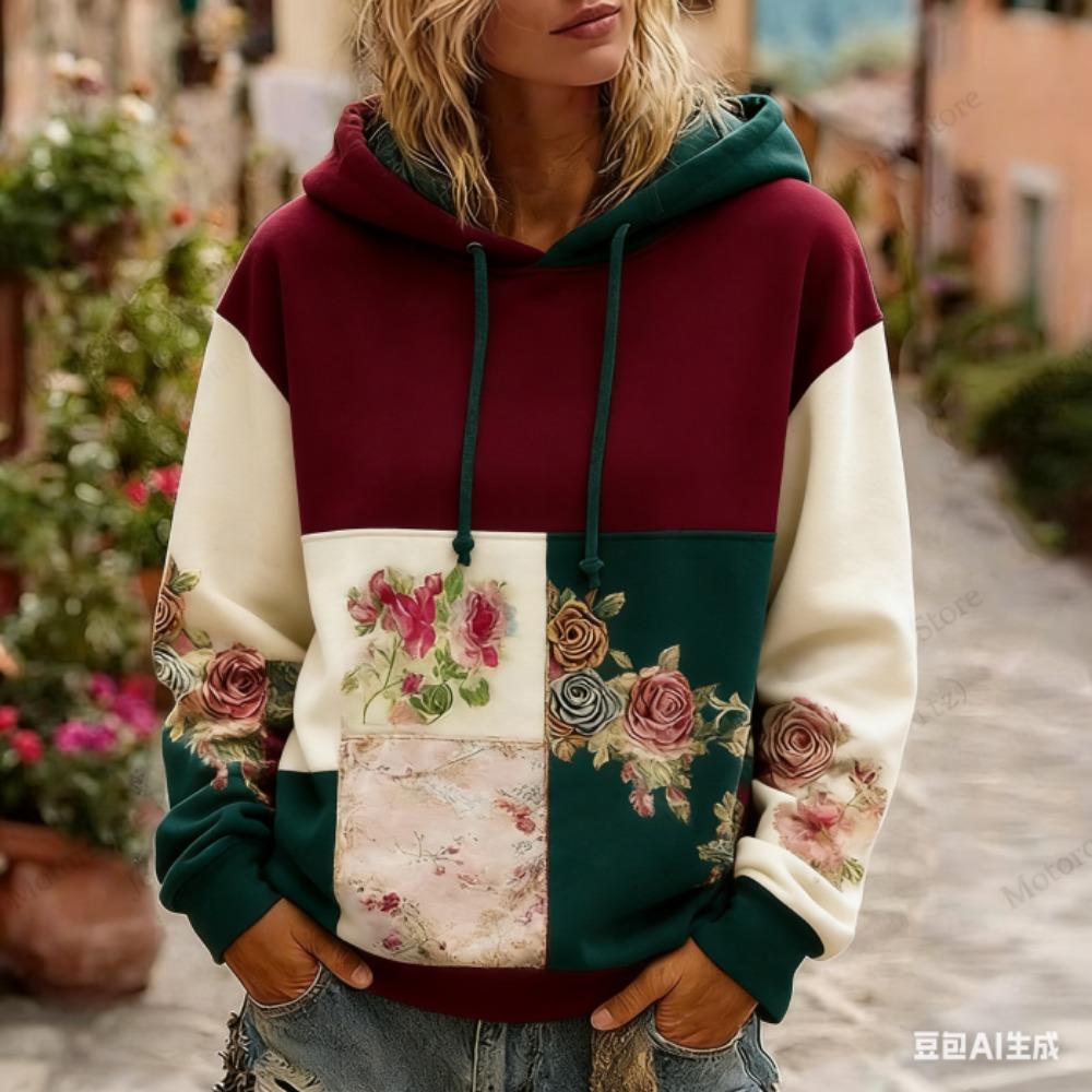 Spring Autumn Fashion Vintage Floral Print Women's Hoodie Women Casual European American Style Hoodie Sweatshirt Women Clothes Top