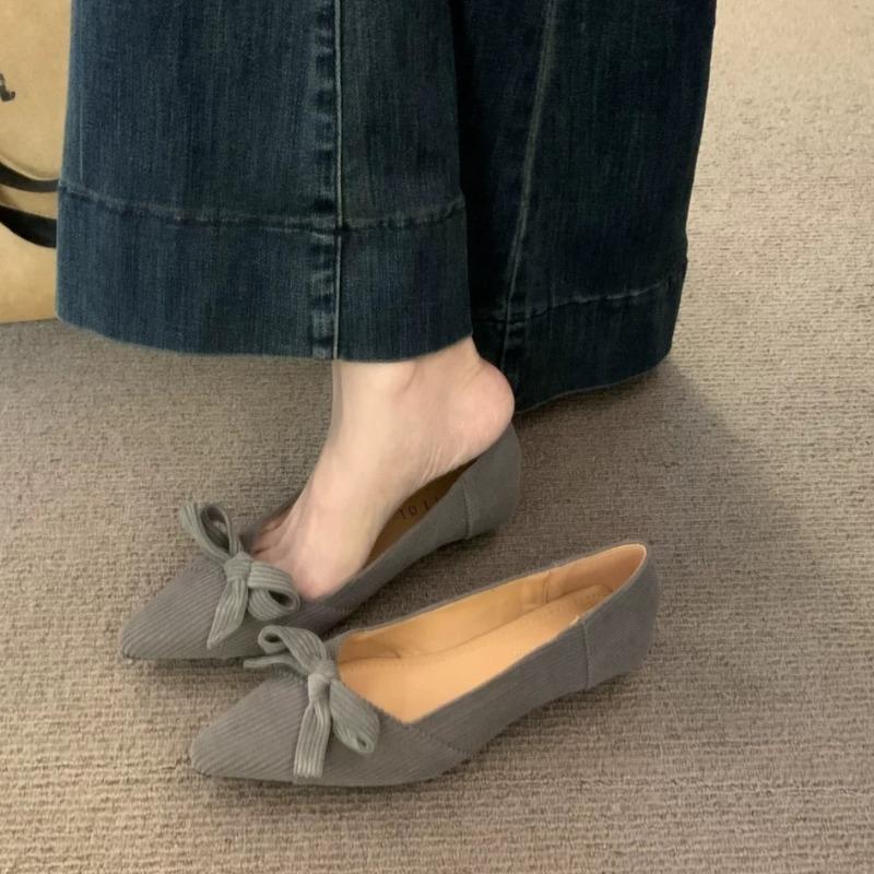 Fashion Soft Sole Slip-on Single Shoes Autumn New Pointed Toe Shallow Suede Bow Non-slip Wear-resistant Single Shoes