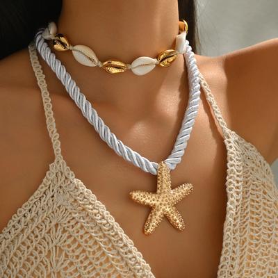 Gold Necklace, European and American Exaggerated Beach Style Alloy Accessories, Handmade Shells, Starfish Necklaces, Jewelry, Collarbone Chains