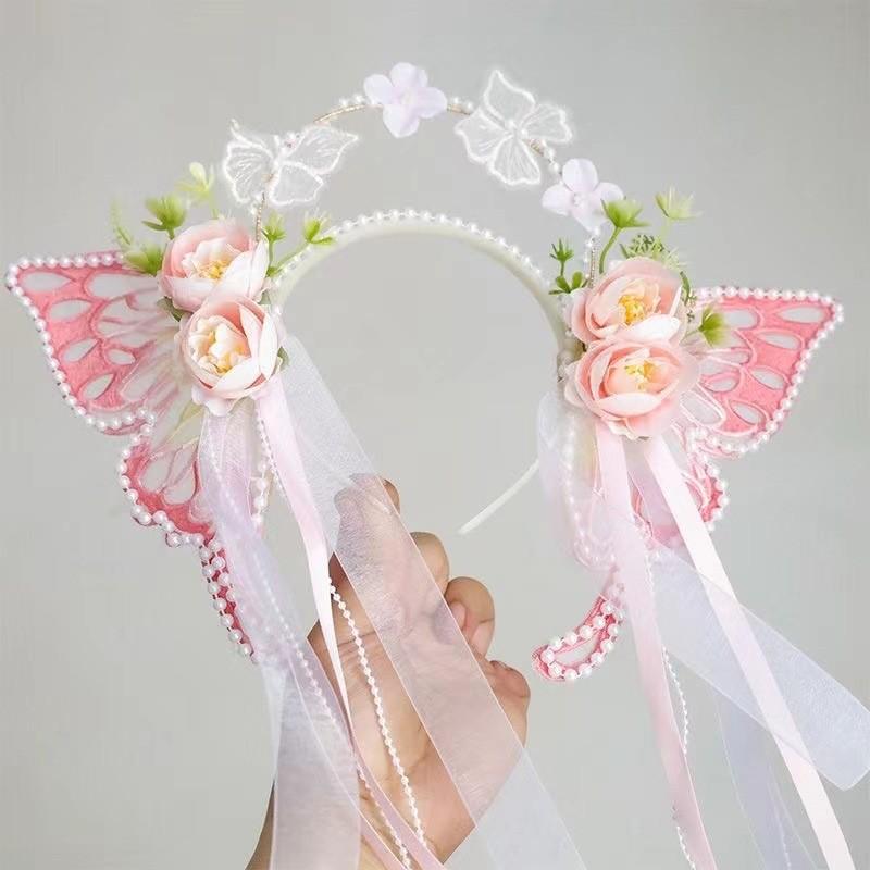 Serre-tête Fleur Papillon Perle - Couronne Artificielle Fait Main Bricolage Bijoux de Cheveux pour Filles, Accessoires de Fête et de Mariage