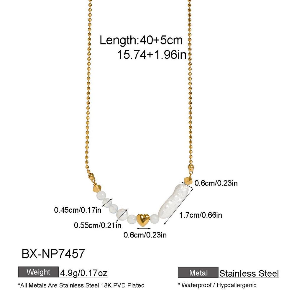 18K Gold-Plated Baroque Pearl & Titanium Steel Necklace with Love Pendant for Women