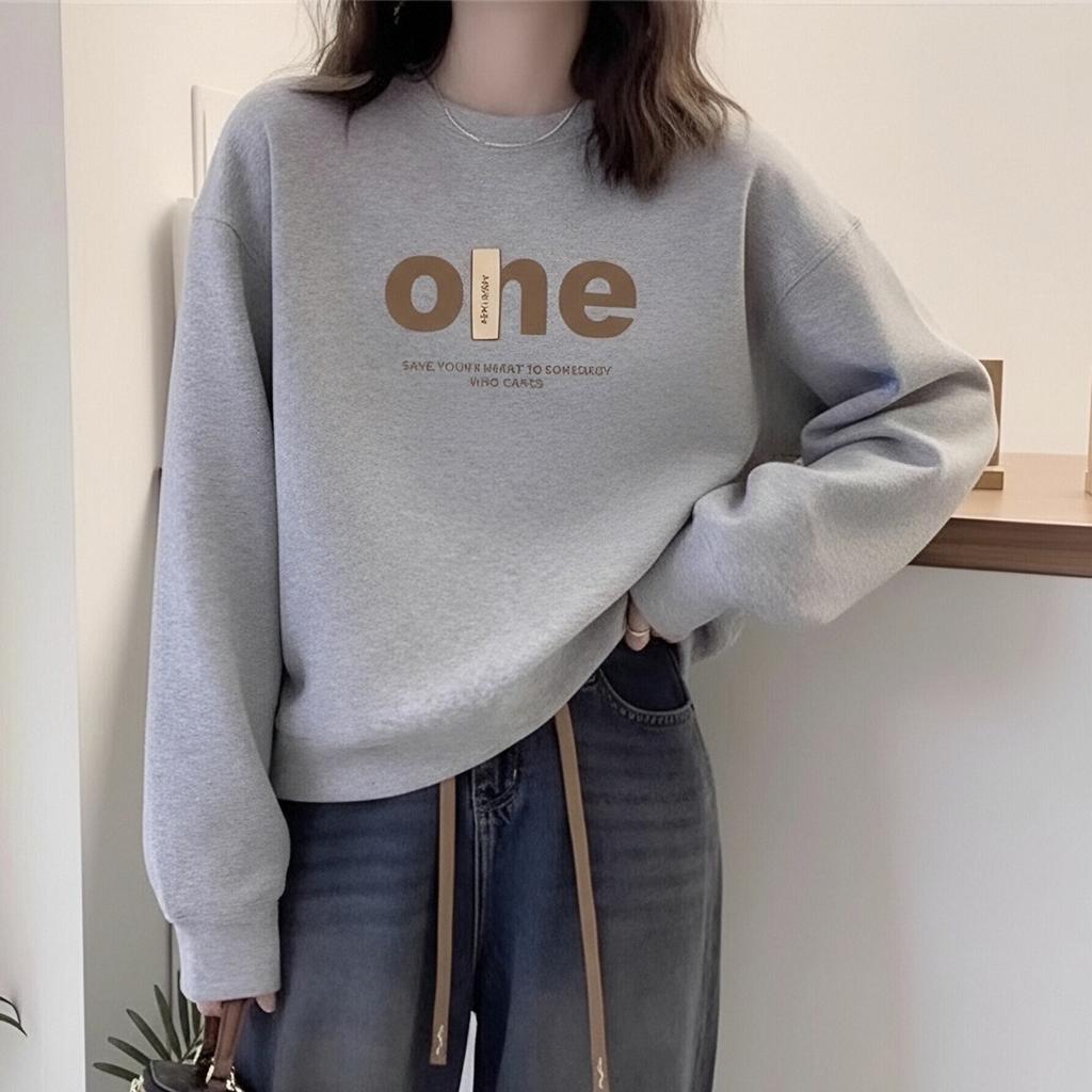 Simple letter print fashionable round neck loose and lazy 2026 Spring and Autumn new long sleeved hoodie for women with small stature