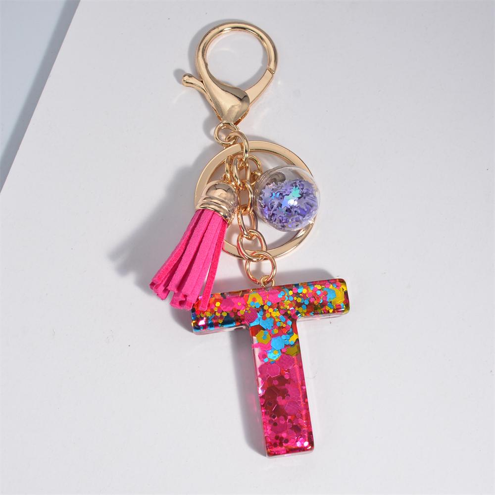 Fashion Tassel Star Ball 26Letters Keychain Colorful Sequins Resin Key Ring for Women Girls Car Handbag Phone Case Pendant Gifts