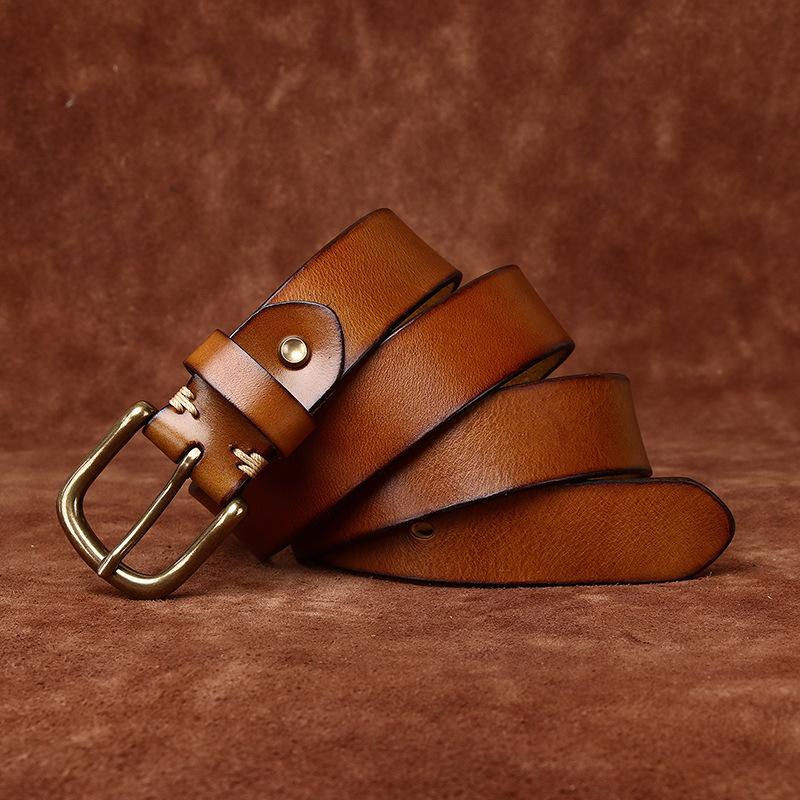 3.3Cm Wide Retro Smooth Leather Belt Men'S First Layer Cowhide Pure Copper Pin Buckle Casual Jeans Belt Men