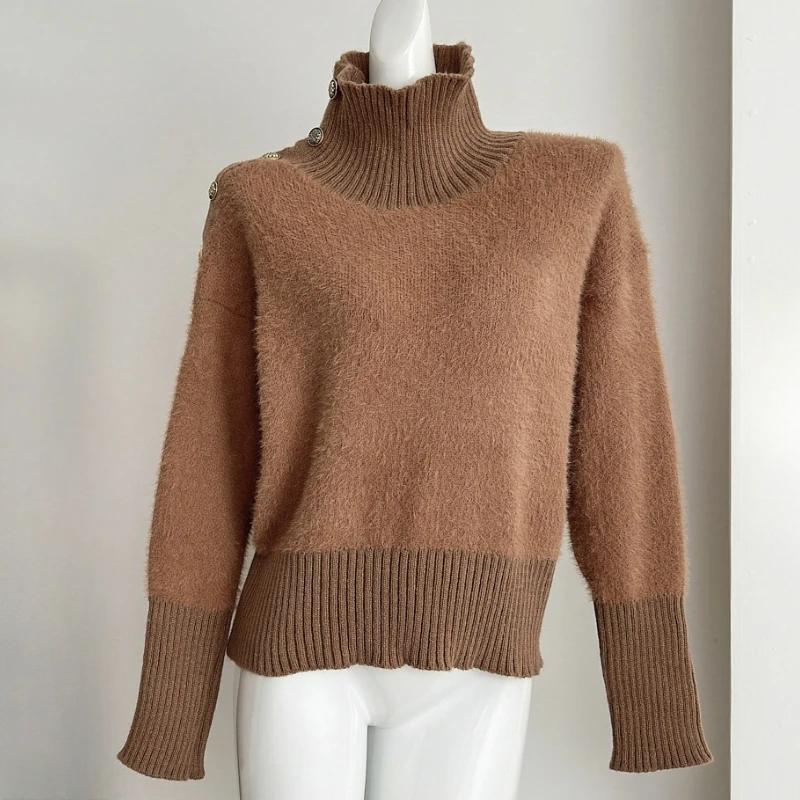 

Американский зимний новый женский трикотажный топ свитер нишевый дизайн пуговицы водолазка длинный рукав простые повседневные свитера женская одежда XL светло-коричневого