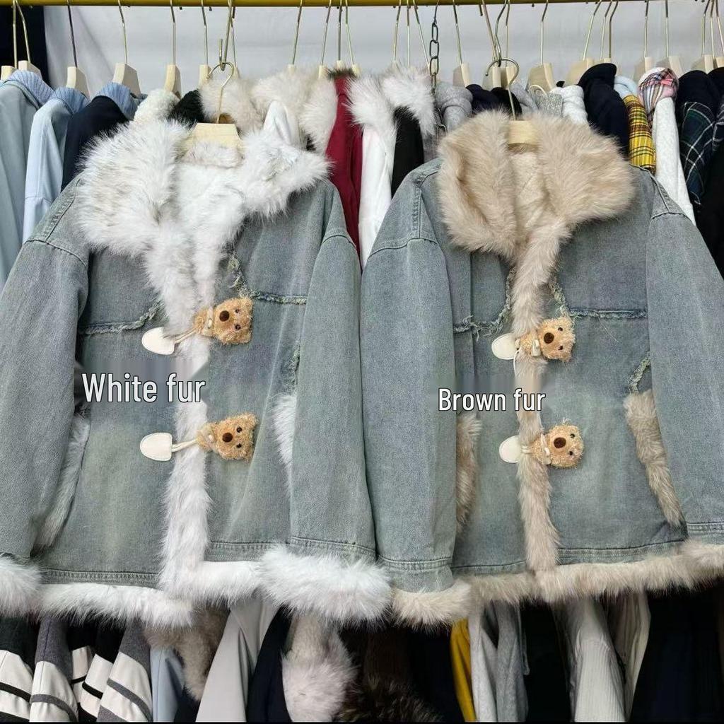 Damen Fuzzy Retro Denimjacke - Winter 2025 Street Style, Kurz & Verdickt mit Baumwollpolsterung.