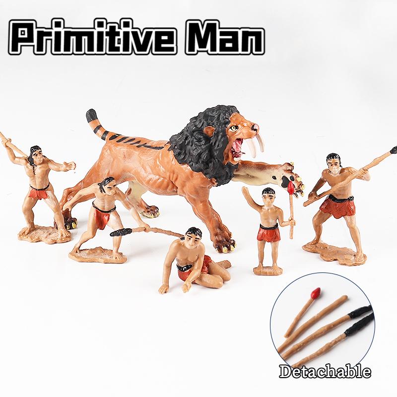 Oenux Prehistoric People Life Scene Human Evolution Wild Sabre-toothed Tiger Mammoth Animals Model Action Figures Collection Toy