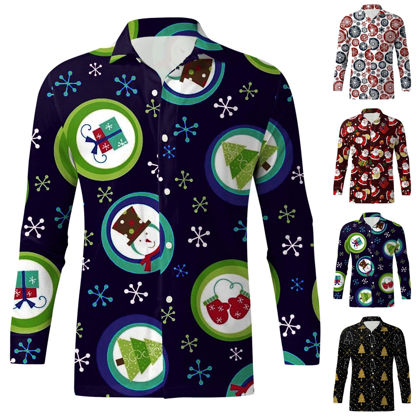 

Мужские рождественские рубашки с длинным рукавом и цветочным принтом, топы на пуговицах, забавная милая классическая рубашка с рисунком