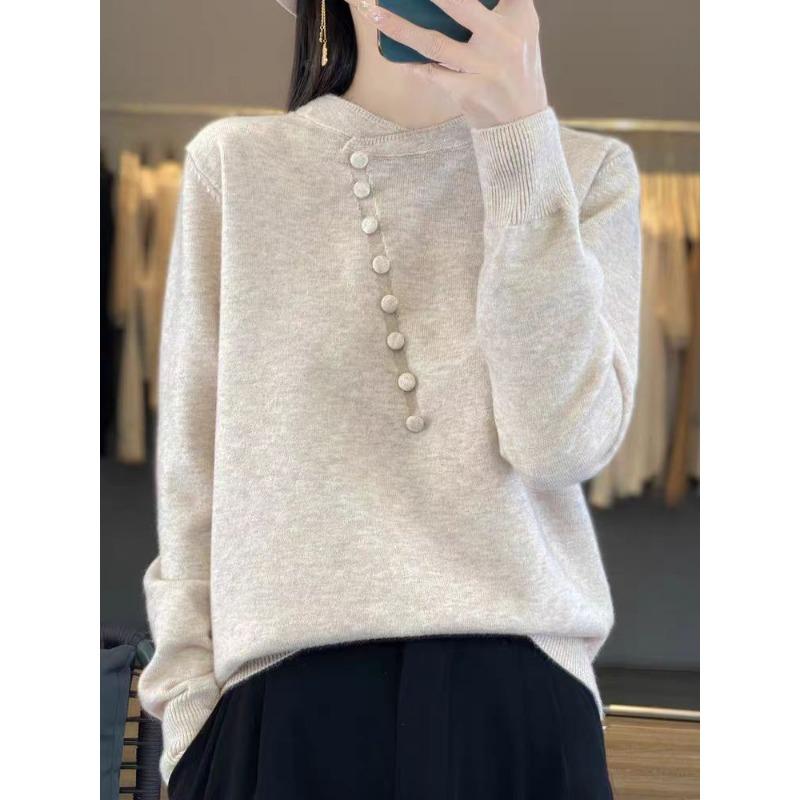 

Осенне-зимний вязаный базовый свитер женский новый для кормящих мам с круглым вырезом One Size бежевый