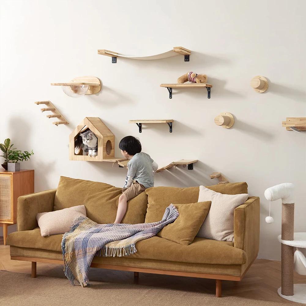 Wall Mounted Cat Climbing Shelves Cat House Cat Bridge Cat Hammock with Scratching Post and Pedals or Stairway for Kittens