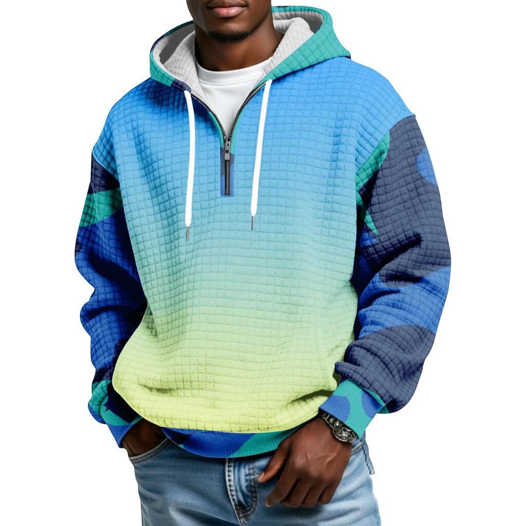 Men's Half-Zip Hooded Plaid Pullover Drawstring Print Casual Sports Sweatshirt