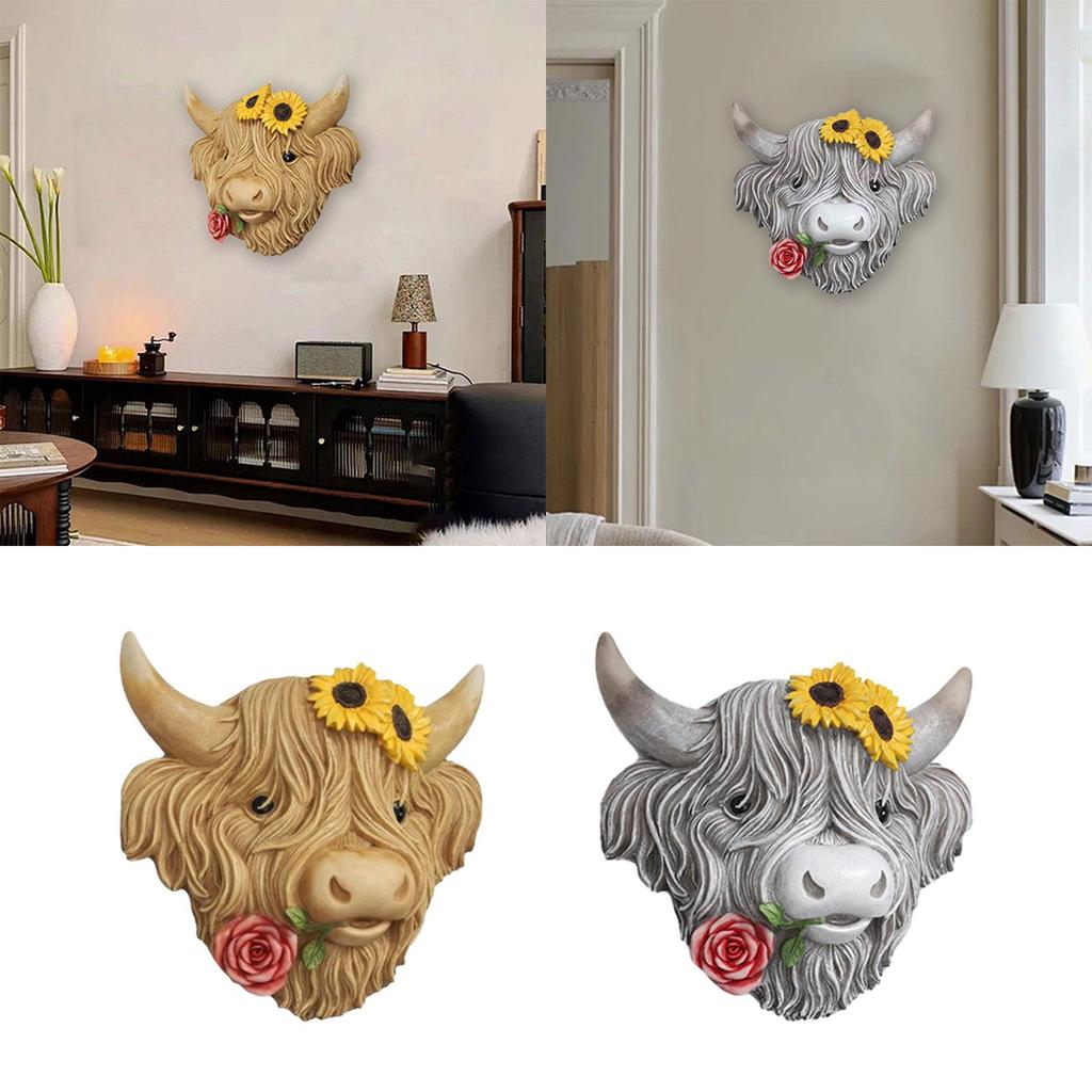 Highland Cow Head Wall Decor Wall Sculpture Cute Decorative Wall Art Decor Ornament for Home Fence Farmhouse Office Outdoor