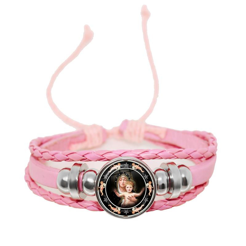 Virgin Mary Baby Jesus Christian Catholicism Jewelry Black Button Leather Bracelet Blessed Mother Religious Glass Cabochon Gift
