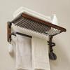 Walnut Towel Rack, Bathroom WallMounted Organizer, Sturdy Wood Storage Shelf Black Net Basket