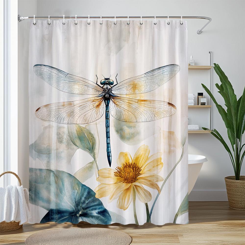 Blue Watercolor Floral Butterfly Shower Curtain, Bathroom Decorative Shower Curtain, Waterproof Shower Curtain with Hooks