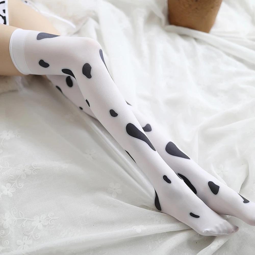 Lovely Kawaii Women Thigh High Stockings Cow Printed Pantyhose Cow Spots Printed Cosplay Stockings