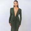 Long Sleeve Ruched Sexy Maxi Dress For Women Gown Fashion Skew Collar Draped Thigh High Split Club Long Dress