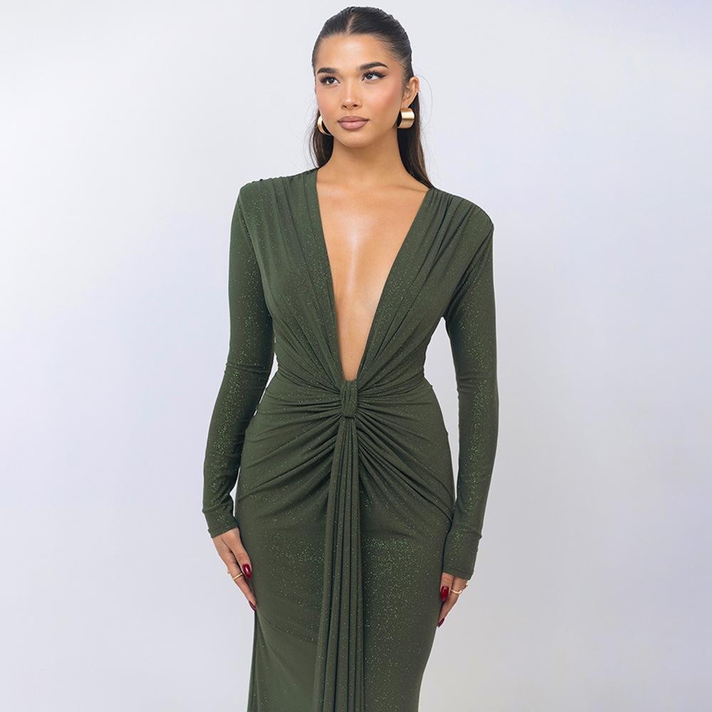 Long Sleeve Ruched Sexy Maxi Dress For Women Gown Fashion Skew Collar Draped Thigh High Split Club Long Dress