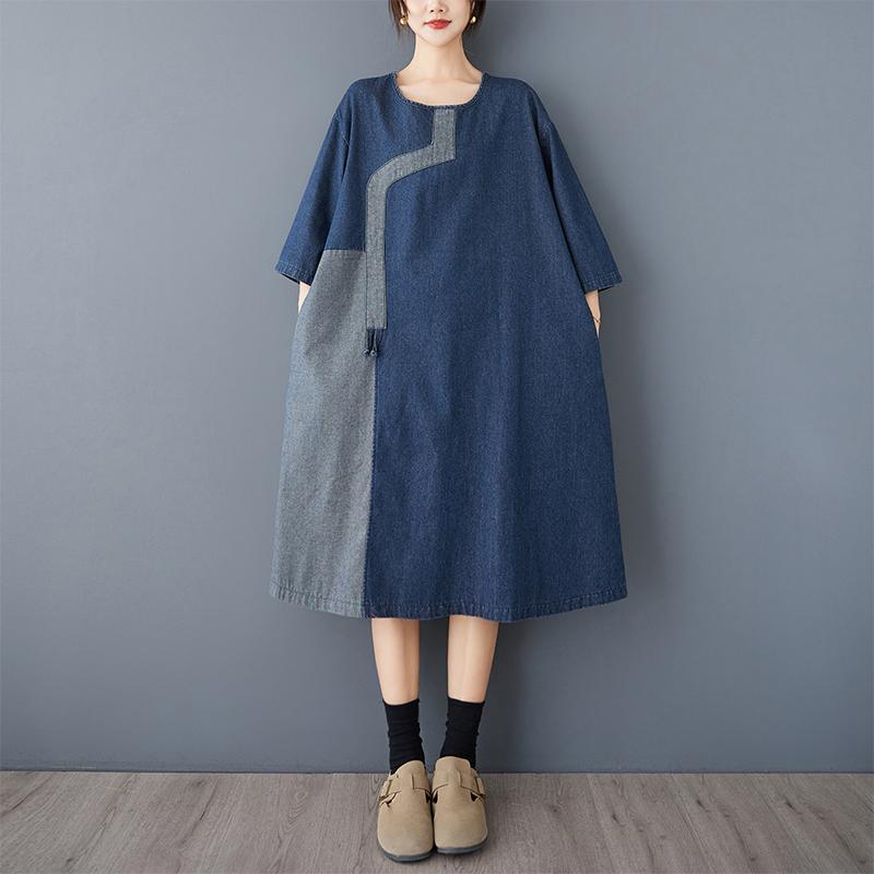 

DIMANAF Новое женское летнее джинсовое платье 2025 года больших размеров с винтажным круглым вырезом, элегантное свободное синее базовое платье макси 3XL темно-синий