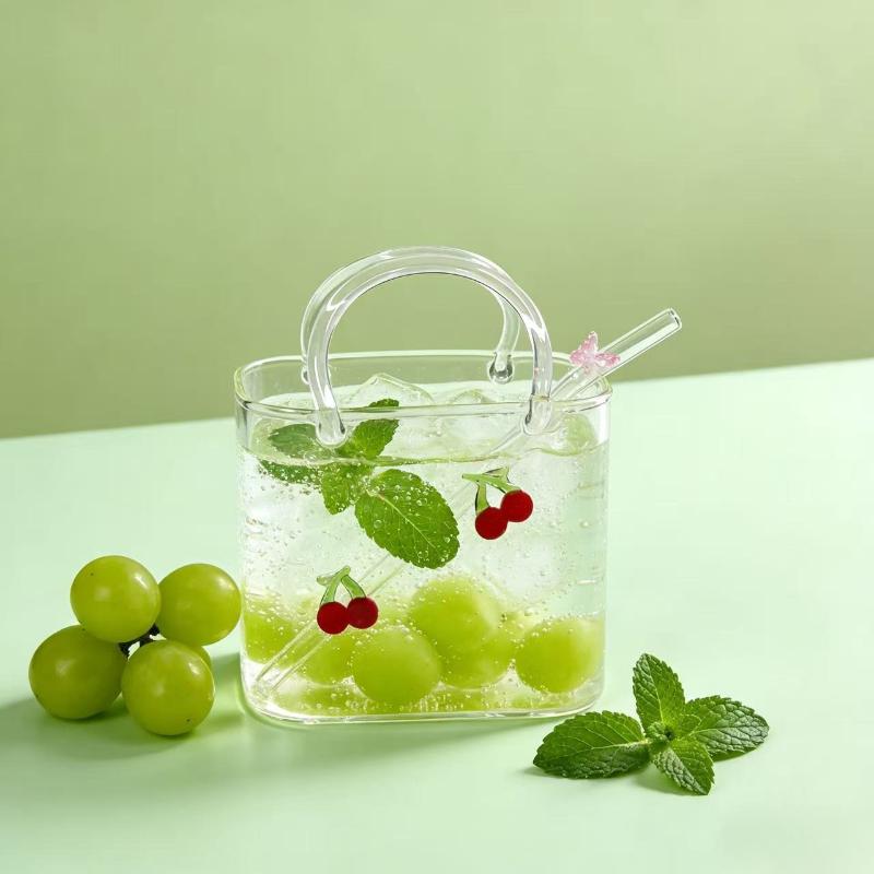 Bolso Portátil con Taza de Vidrio, Vasos Creativos para Cócteles, Vasos Divertidos para Vino de Frutas, Bolso de Estilo Ins con Vaso y Pajita, Herramientas de Bar
