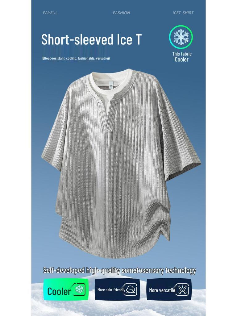 Men's Summer Trendy Casual Loose Fit Two-Piece Look Henley T-Shirt