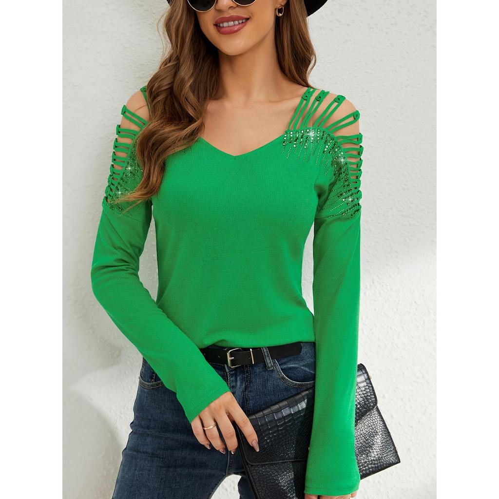 Syiwidii Fashion Spliced Diamond Shirts for Women V Neck Hollow Out Long Sleeve T Shirt Elegant Temperament Slim Tops