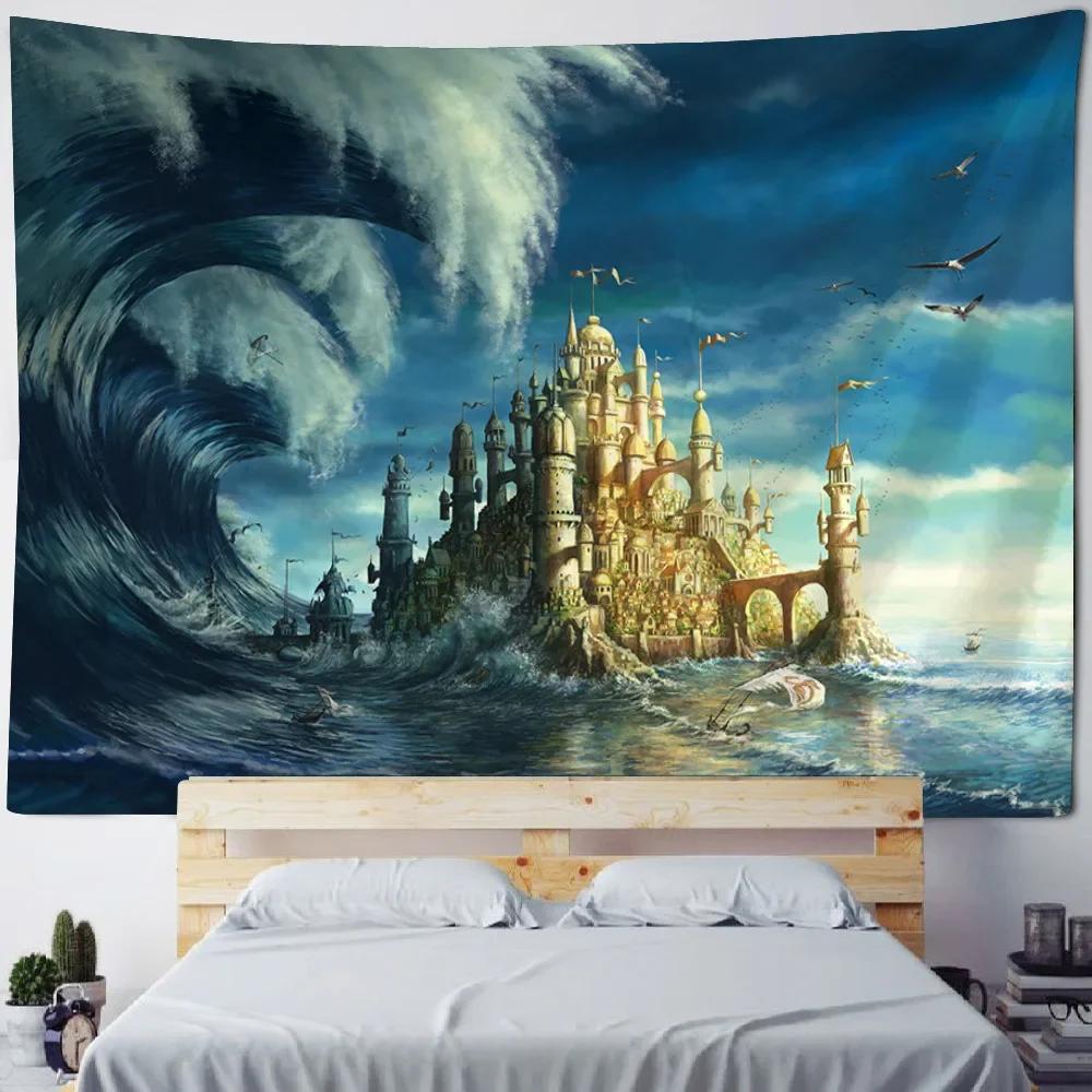 HD-Dreamy Sea & Pirate Ship Wallpaper - Oil Painting Style Wall Art for Bohemian Home Decor, Ocean Themed Room or Bed Cover
