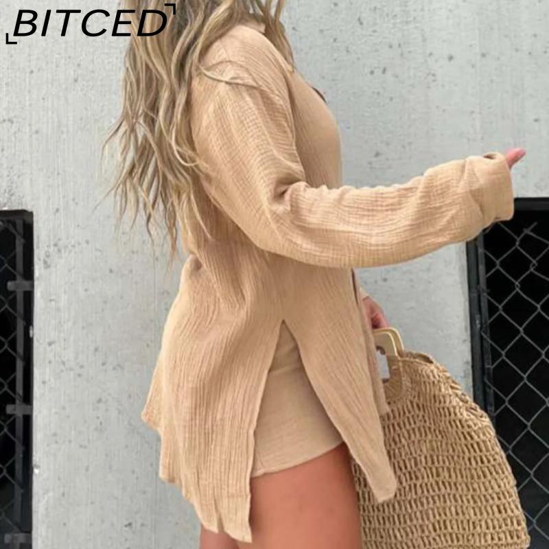 BITCED חולצת נשים שרוול ארוך מבד מקומט סט שני חלקים אופנתי קז'ואל מכנסיים קצרים מותן גבוה