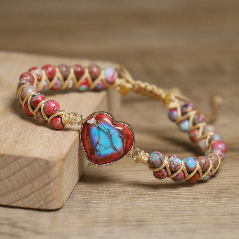 Turquoise Heart Beaded Bracelet – Gold Accent Boho Jewelry, Love Protection Gift for Women