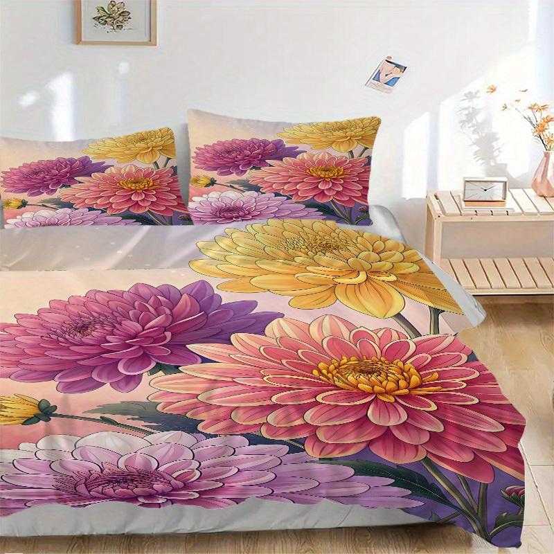 

3Pcs Chrysanthemum Flowers Printed Bedding Set, Breathable And Soft,(Includes 1 Duvet Cover And 2 Pillowcases, Quilt Not Included) yy250815199 135x200cm