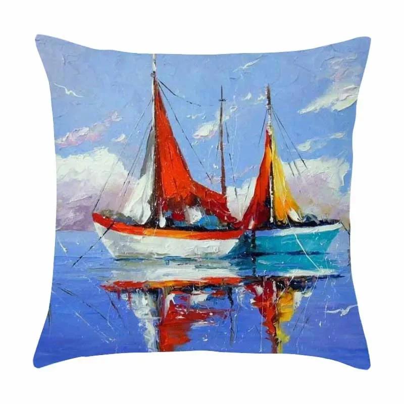 Beautiful Oil Painting Sail Sailing Landscape Print Pattern Cushion Cover Home Living Room Sofa Decoration Pillow