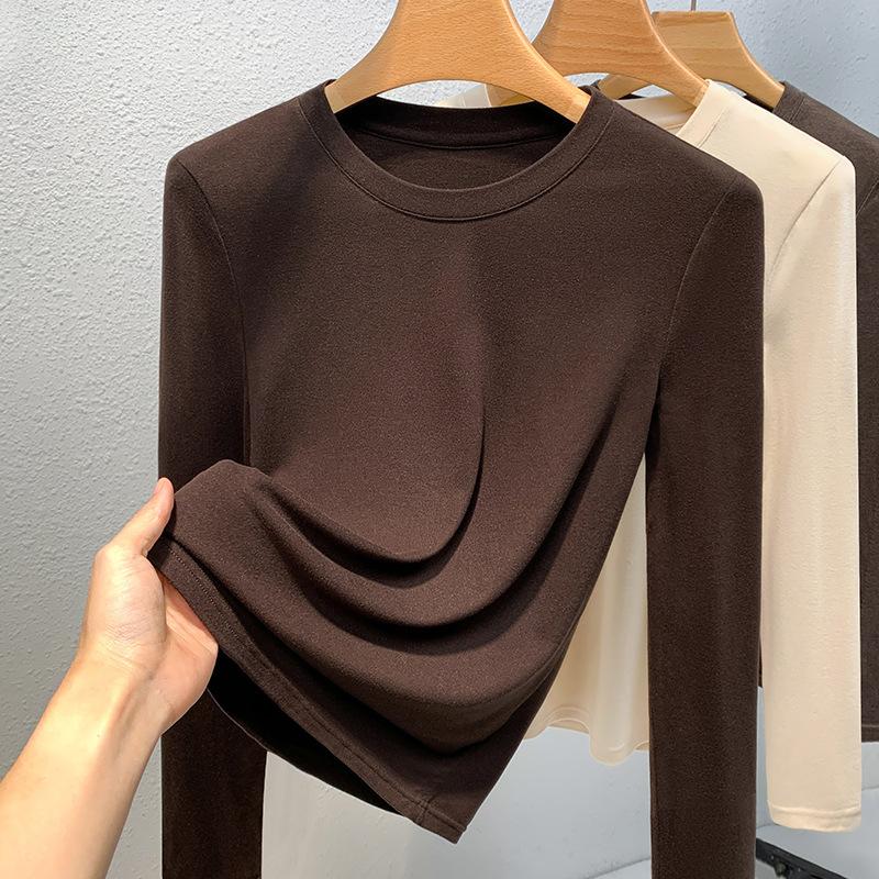 

Нижняя рубашка женская Новая женская одежда Однотонная с круглым вырезом Теплый внутренний нагревательный топ 3XL темный кофе