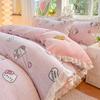 Thick Warm Milk Coral Fleece Bedding Set Floral Bedspread Quilt Cover Lace Trim Home