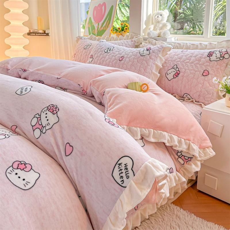 Thick Warm Milk Coral Fleece Bedding Set Floral Bedspread Quilt Cover Lace Trim Home