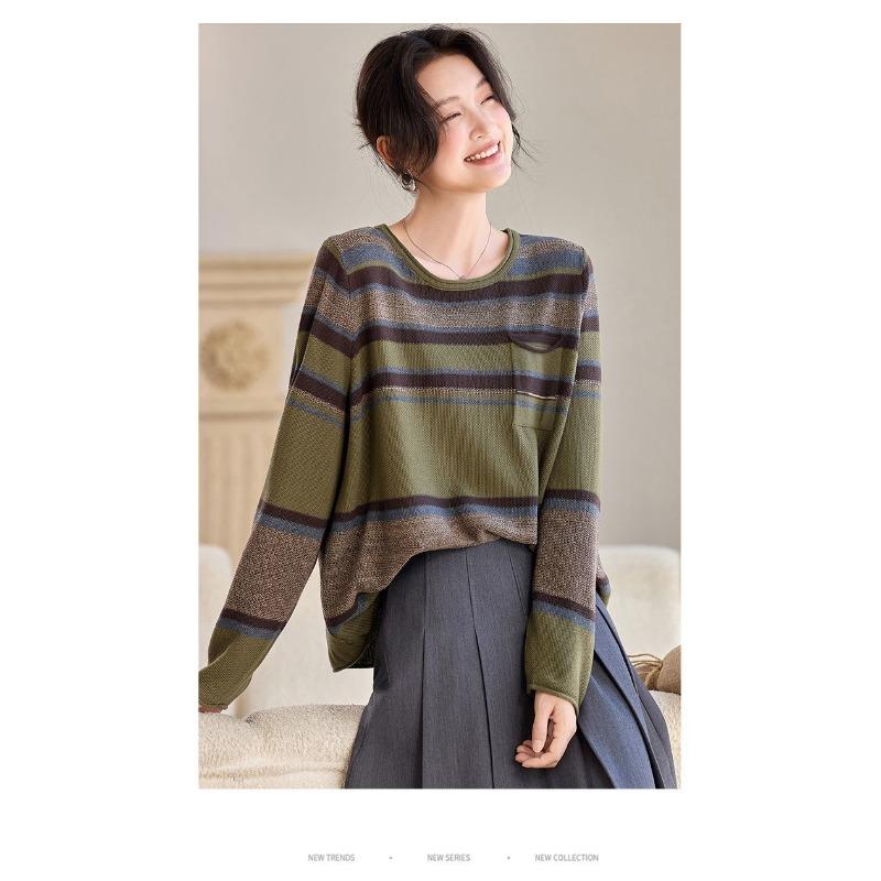 Counter High-end Cotton Yarn Original Large Size Sweater Women's Loose Striped Round Neck Long-sleeved Wool Sweater Top
