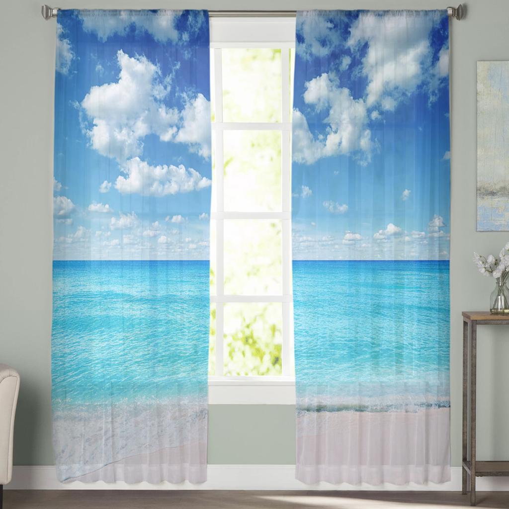 Beach Sea Blue Sky Nature Scenery Chiffon Sheer Curtains for Living Room Bedroom Decoration Window Voiles Tulle Drapes Curtain