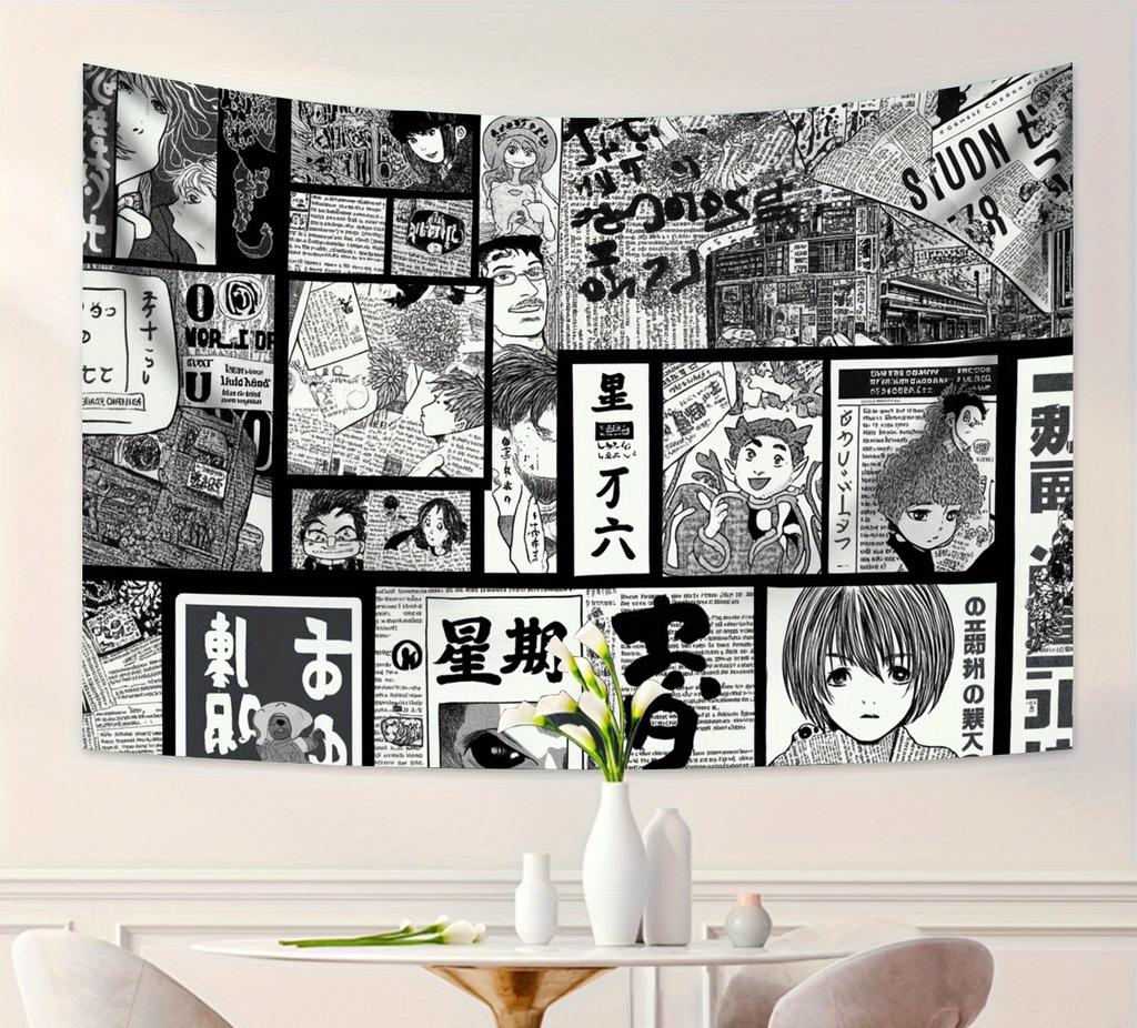 Japanese Anime Manga Wall Tapestry Black White Comic Newspaper Collage Large Art Print for Home Party Decor