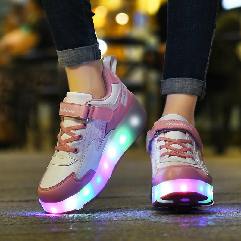 27-43 Detachable Wheel Boys/Girls Double Wheel Luminous Sneakers Can Be Charged Sneakers for Skating Kids Roller Skating Boots