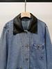S Family Autumn French Casual Leather Lapel Patchwork Denim Jacket for Women