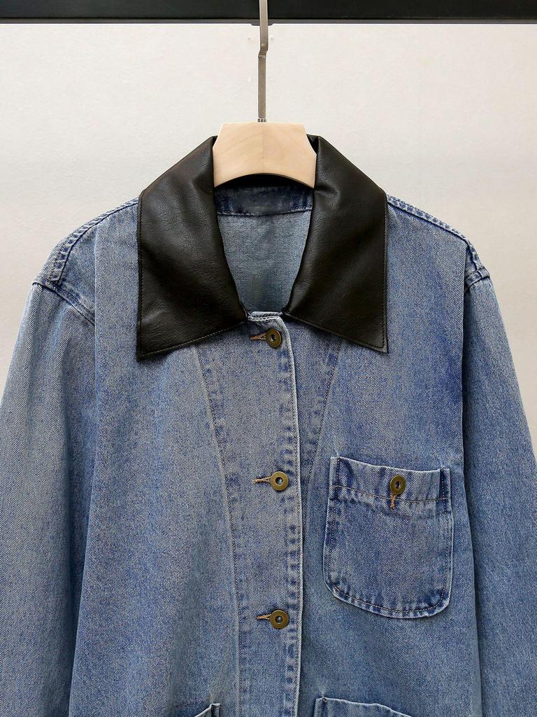 S Family Autumn French Casual Leather Lapel Patchwork Denim Jacket for Women