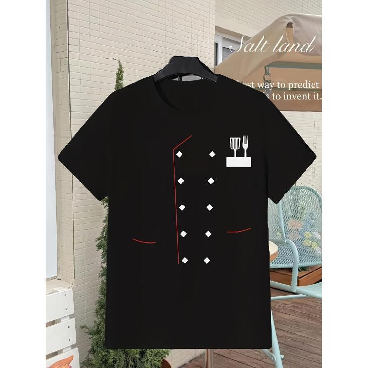 Professional Chef Jacket for Men with Knife and Spoon Retro Culinary Coat Machine Washable Chef Suit for All Seasons In Restaurants C 01 Men's T