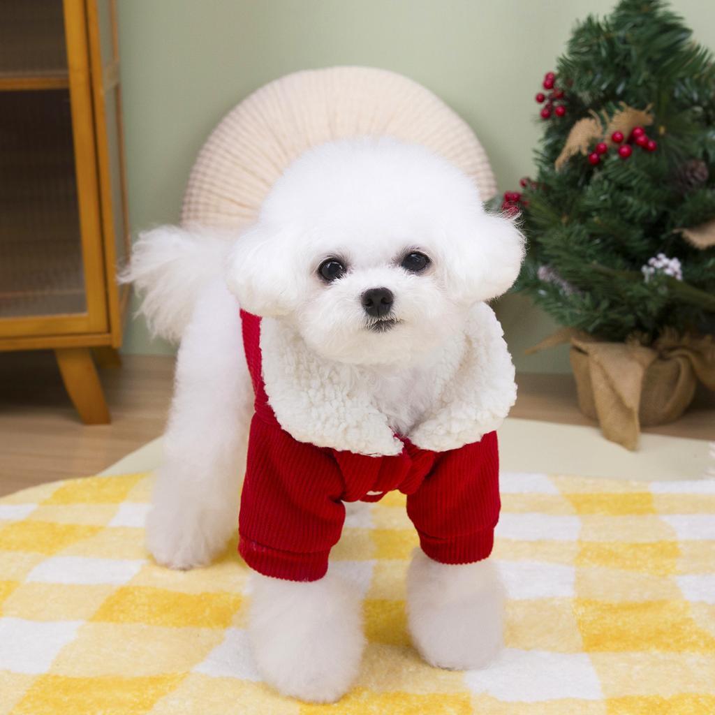 Christmas Corduroy Thickened Warm Small Breed Dog Clothes with Harness Compatible Teddy Bichon Pet Apparel for Winter Holiday