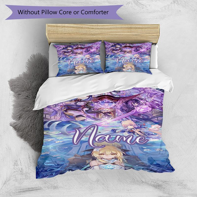 3pcs Duvet Cover Set (1*Duvet Cover + 2*Pillowcase, Without Core), Custom Name Genshin Impact Pattern Bedding Set, Home Bedroom Decor Gift