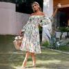 Summer new square neck horn long sleeve high waist dress loose long dress