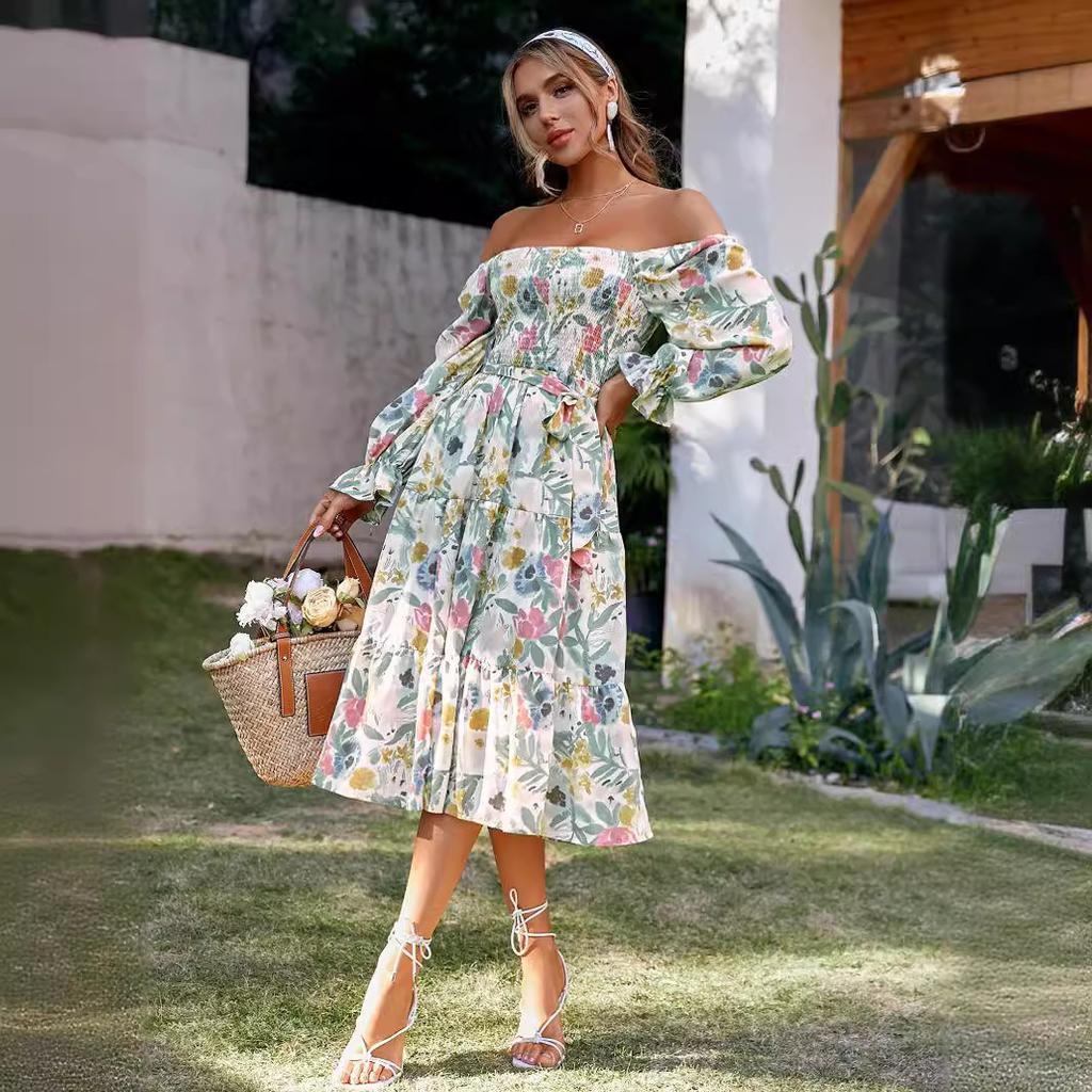 Summer new square neck horn long sleeve high waist dress loose long dress