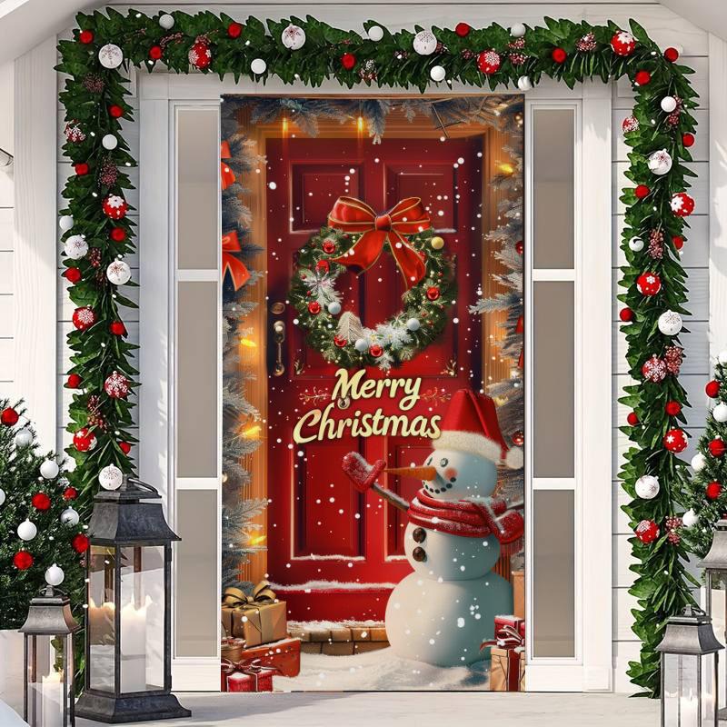 1 Buc Banner Husă Ușă Crăciun Fericit Poliester Om de Zăpadă Model Brad de Crăciun Alb pentru Ajun Anul Nou Petrecere de Sărbători Ușă Față Decor Acasă Perete
