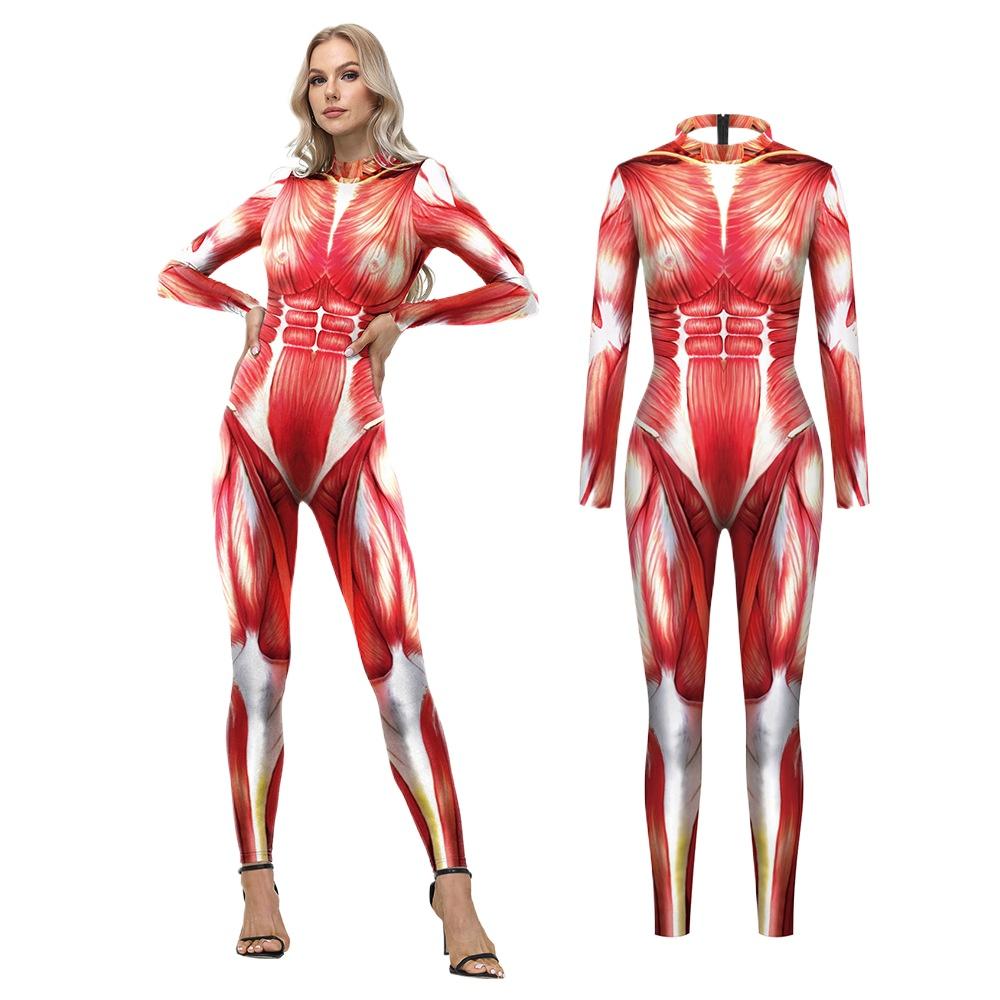 Adults Human Body Muscle One-piece Tights Women Funny Halloween Carnival Party Digital Print Cosplay Jumpsuit Dress Up Costume