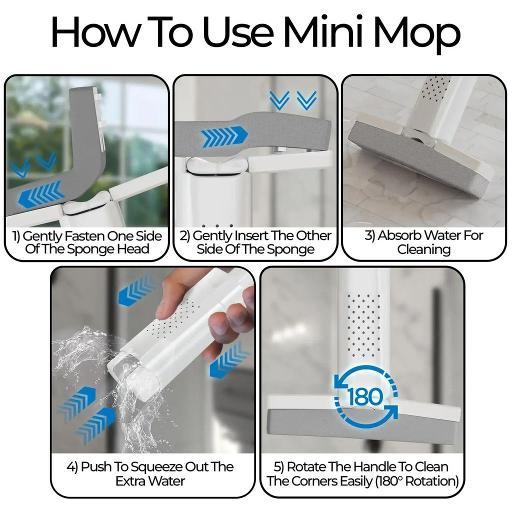 Portable Self-Squeezing Mini Mop Handheld Lazy Cleaning Tool Strong Absorbent Wet Dry Dual Function for Quick Easy Cleaning